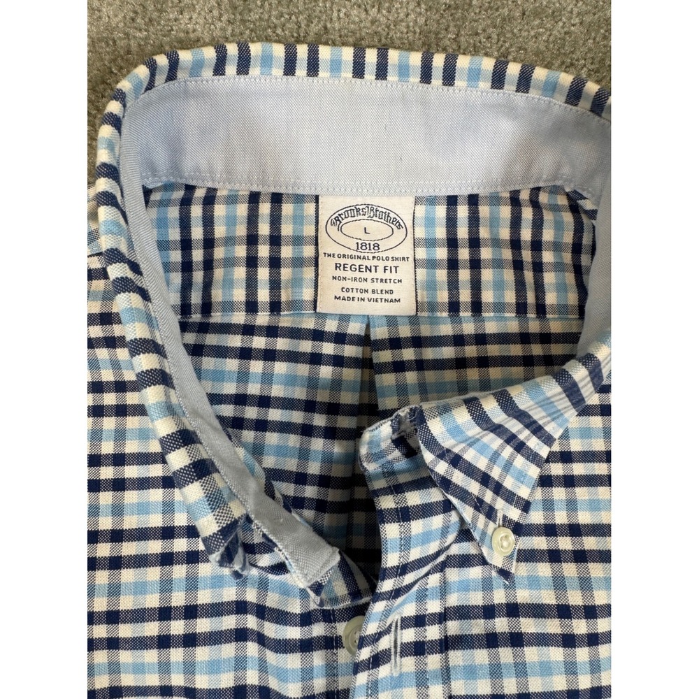 Brooks Brothers 1818 Regent Fit Blue Gingham Non-Iron Cotton Stretch Shirt Men L - Picture 3 of 7